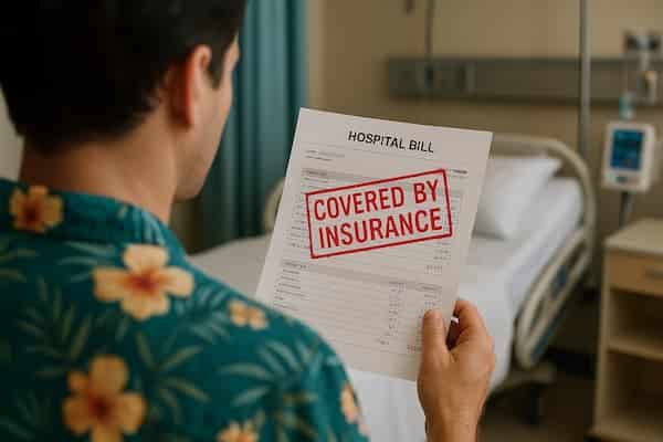 A traveler looking at a non expected medical bill for a hospital visitwhile on vacation. All covered by their travel insurance plan.