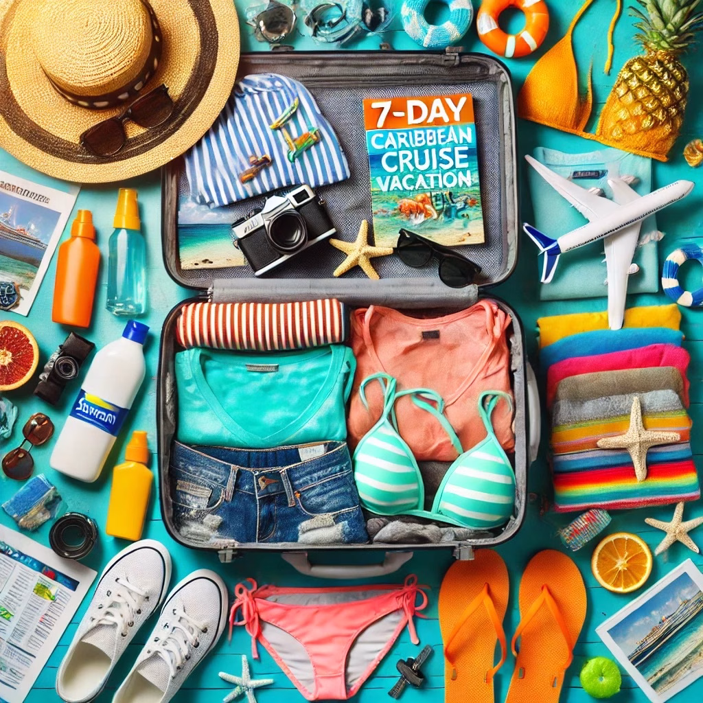 Caribbean Cruise packing list, suitcase image with a blog link on what to pack and what not to pack.