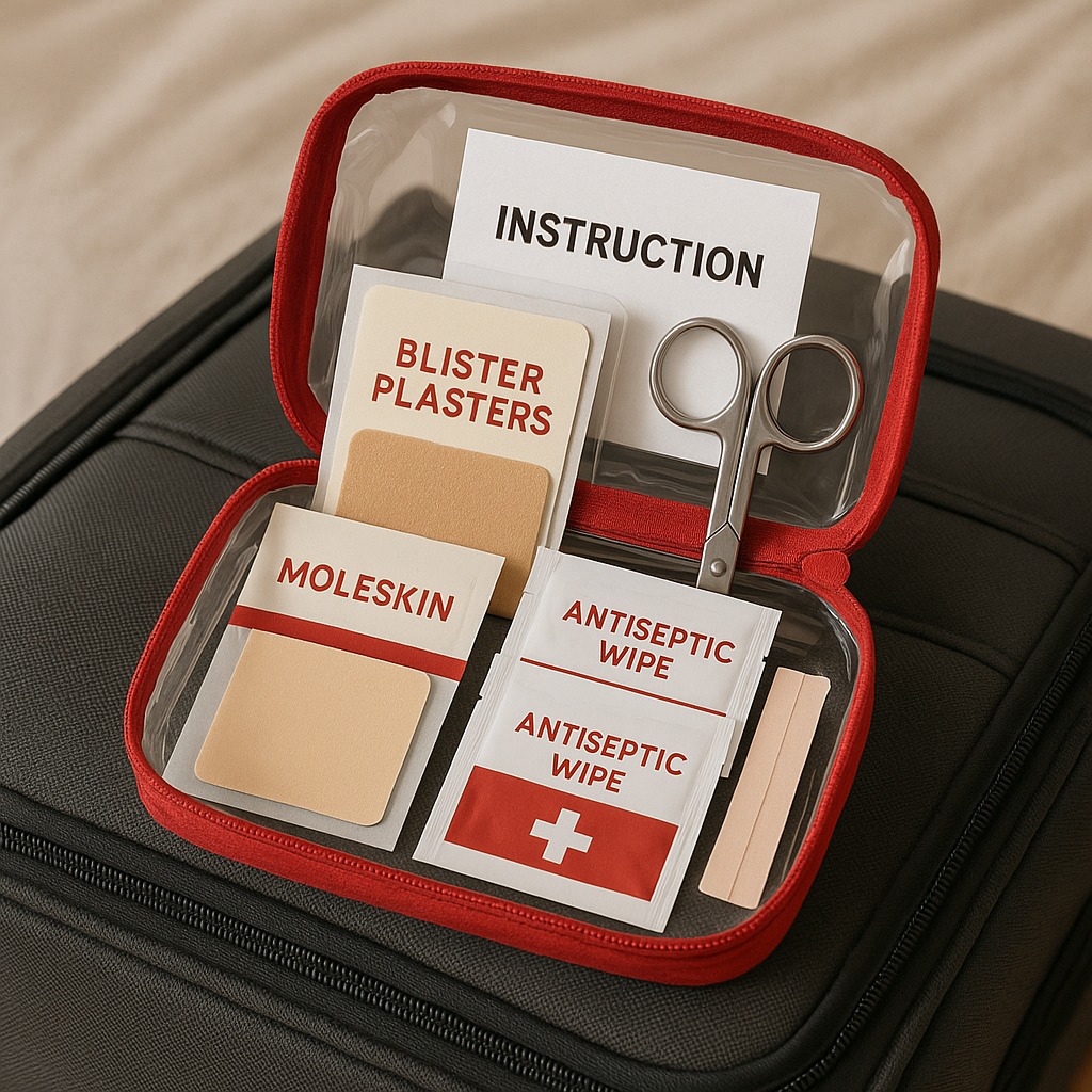 A first aid kit that is packed with medical needs to treat blisters, and small scrapes and cuts.