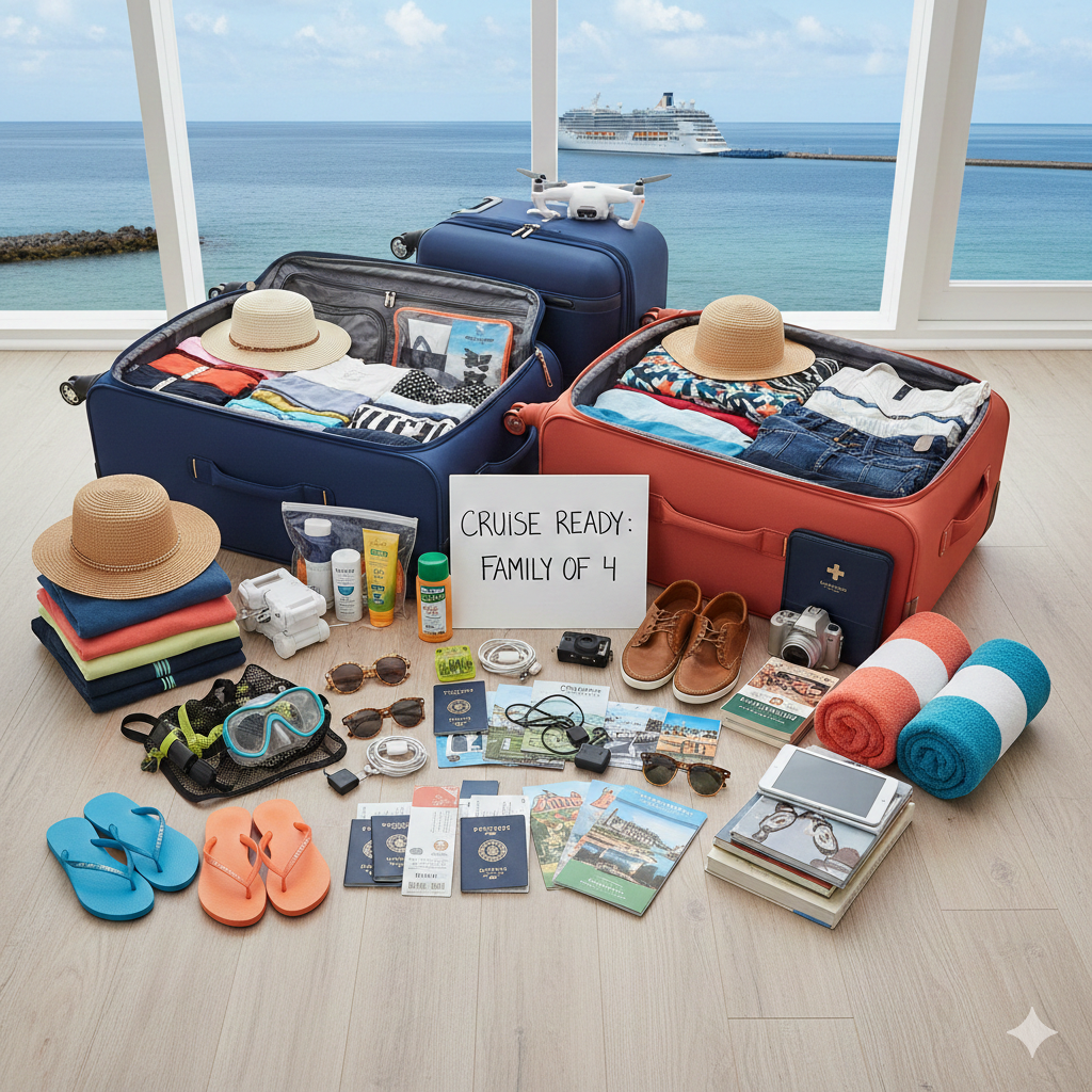 Two open suitcases, one blue and one orange, filled with neatly packed clothing, hats, and various travel essentials for a family of four, including passports, toiletries, swimwear, and electronics. The suitcases are set on a light wooden floor in front of large windows overlooking a calm blue ocean with a cruise ship docked in the distance under a bright sky