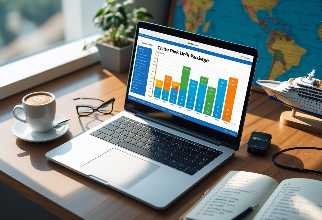 Is the Cruise Drink Package Worth It? 2 A workspace with a laptop showing a cruise drink package calculator, a notebook with notes, a coffee cup, and a model cruise ship on a desk.