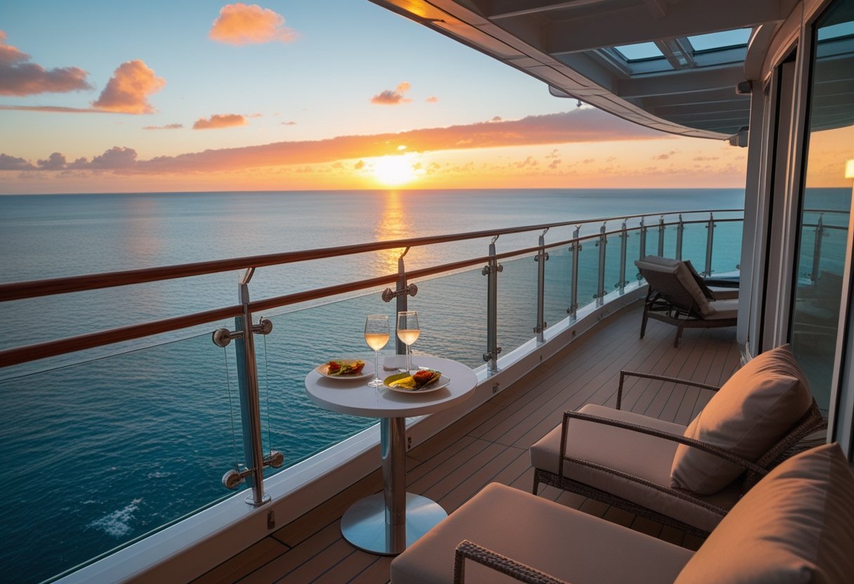 Ocean view from a cruise ship balcony with lounge chairs, a table with wine glasses, and a colorful sunset sky.
