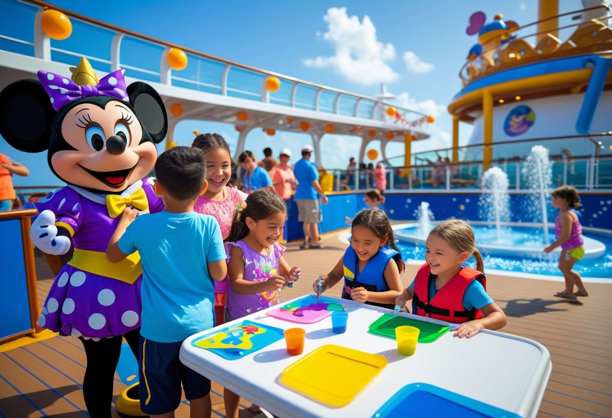 Children sit at the waterpark on a Disney Cruise line while Disney characters join them in the fun.