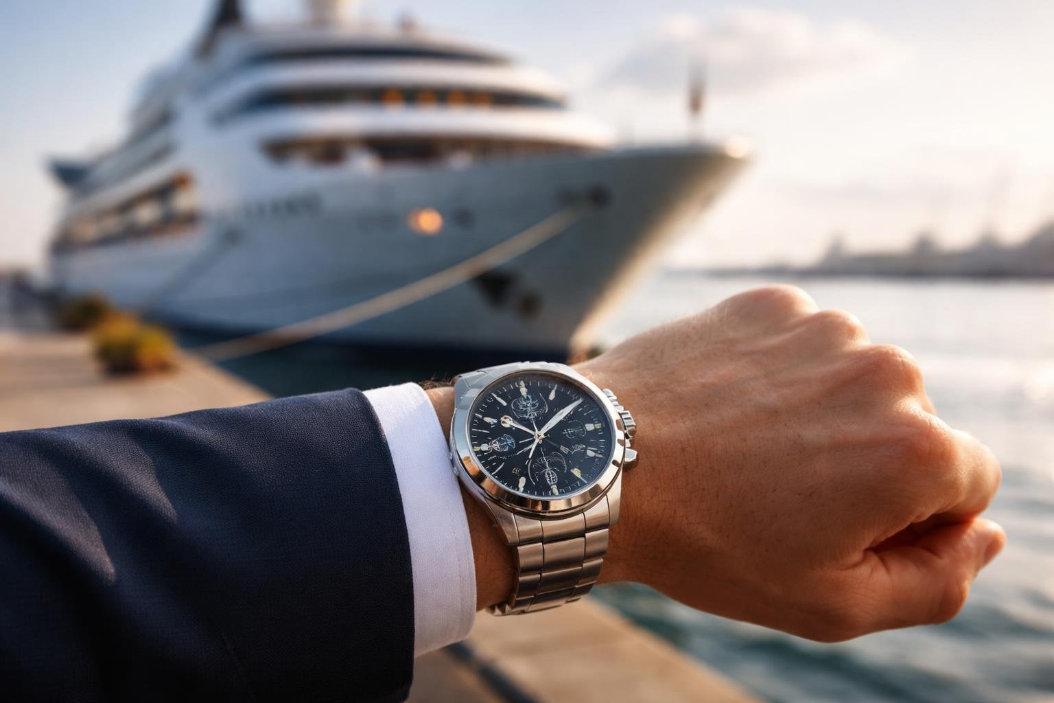 Why a Cheap Wrist Watch is the Most Important Cruise Gear You’ll Own 2 Close-up of a person's wrist wearing a wristwatch with a large ship docked in the background.