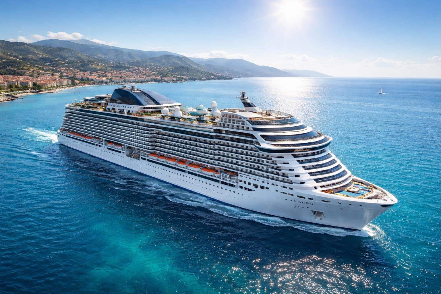 MSC World Asia Launches With Revolutionary Features 1 A large modern cruise ship sailing near a Mediterranean coastline with clear blue water and sunny skies.