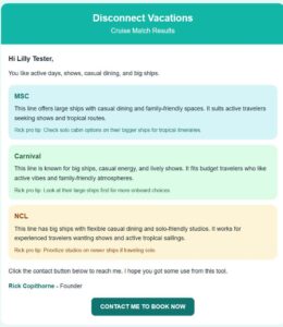 Disconnect-Vacations-Cruise-Vibe-Calculator Free Cruise Match Quiz to help you find your matching cruise line.