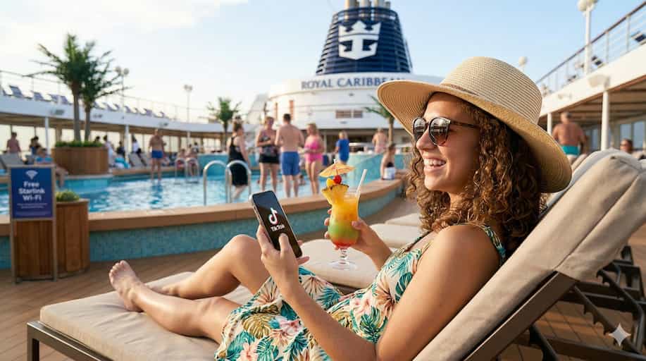 cruise-ship-wifi-by-the-pool cruise ship wi-fi plans can limit what you can and cannot do. Read the fine print.