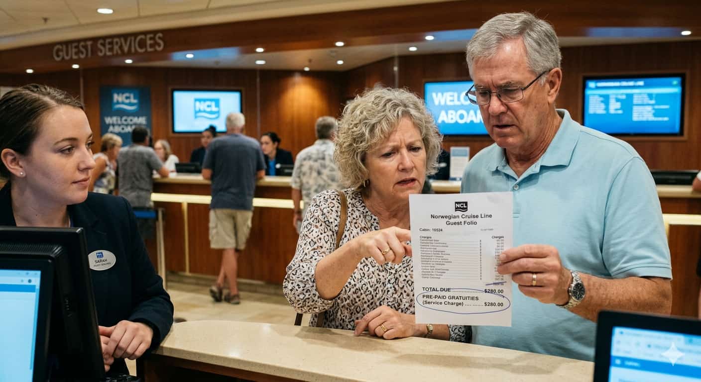 How Much Should You Tip on a Cruise? A First-Time Cruiser’s Guide 3 Older couple reviewing a Norwegian Cruise Line guest folio at the guest services desk on a cruise ship.