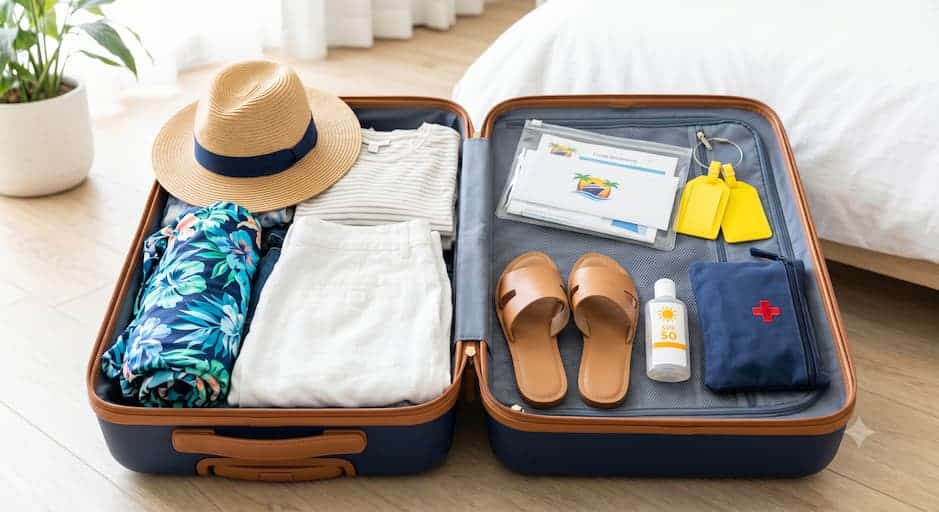 Open suitcase packed with summer clothes, sun hat, sandals, sunscreen, travel documents, and first aid kit for a cruise vacation.