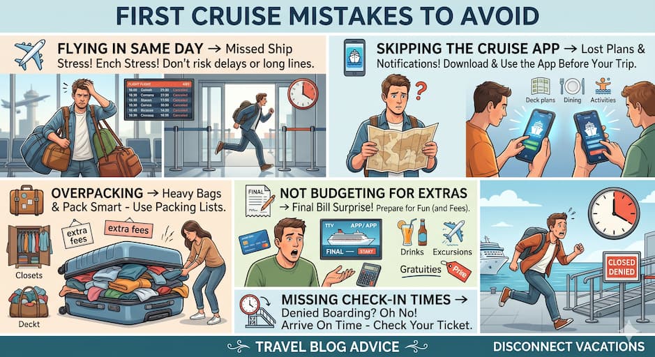 What Should You Know Before Your First Cruise? 2 Illustrated guide showing common first cruise mistakes to avoid, including flying same day, skipping cruise app, overpacking, not budgeting extras, and missing check-in times.