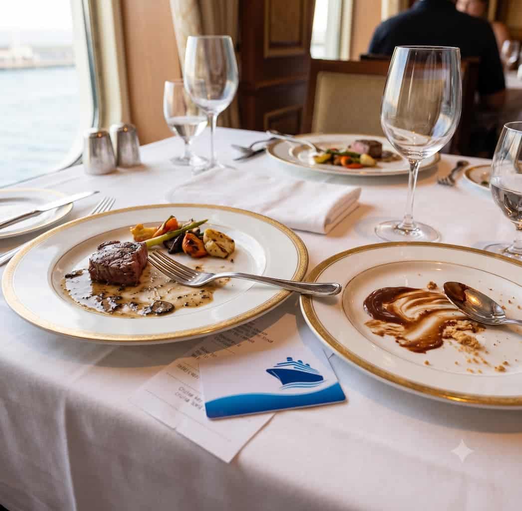 How Much Should You Tip on a Cruise? A First-Time Cruiser’s Guide 2 Partially eaten gourmet meal with steak and vegetables on a cruise ship dining table near a window with ocean views.