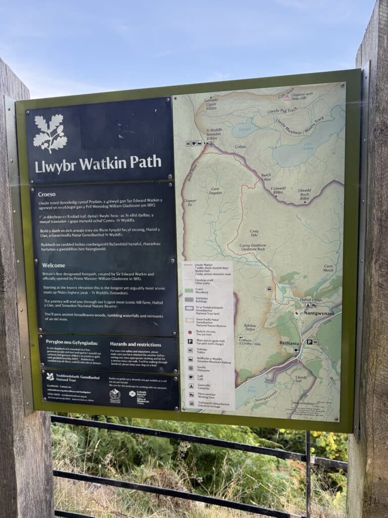 One Week in North Wales: Fairy Pools, Fighter Jets and Welsh Pubs 4 Llwybr Watkin Path trailhead sign with detailed map and hiking information in a natural outdoor setting.